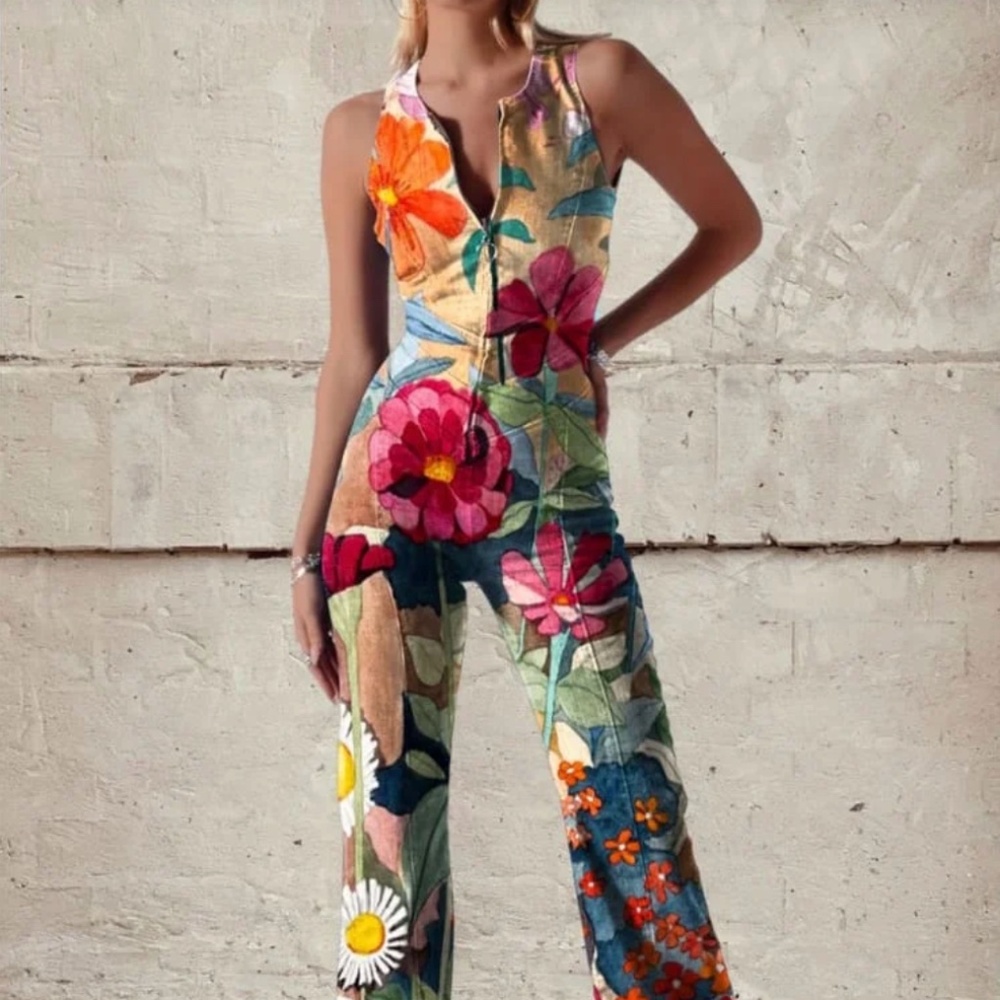 Women's Vintage Flower Art Print Casual Denim Jumpsuit